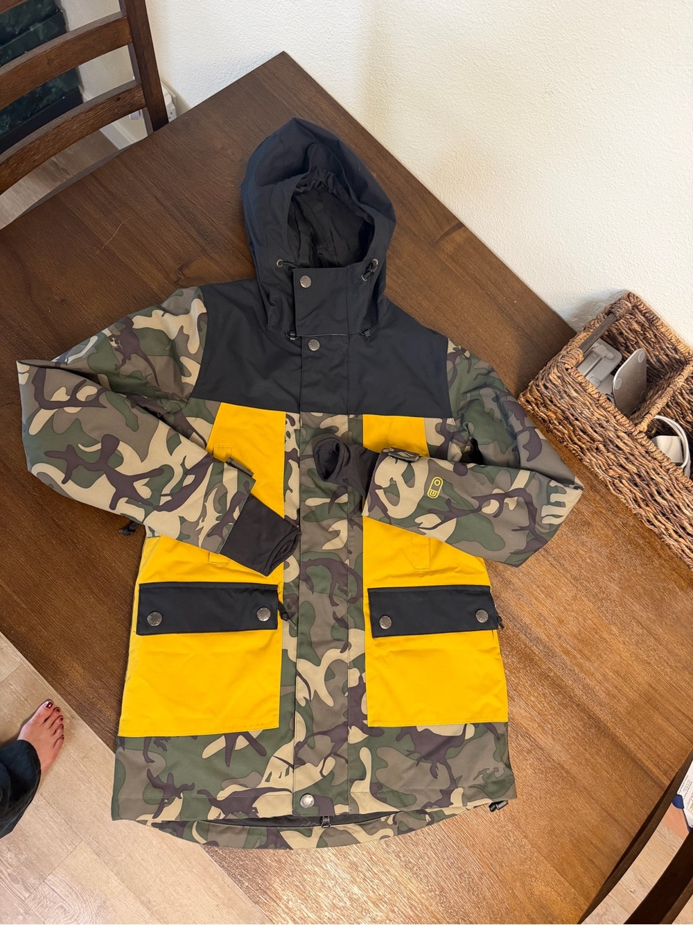 Camo Raincoat with Yellow Accent Hood